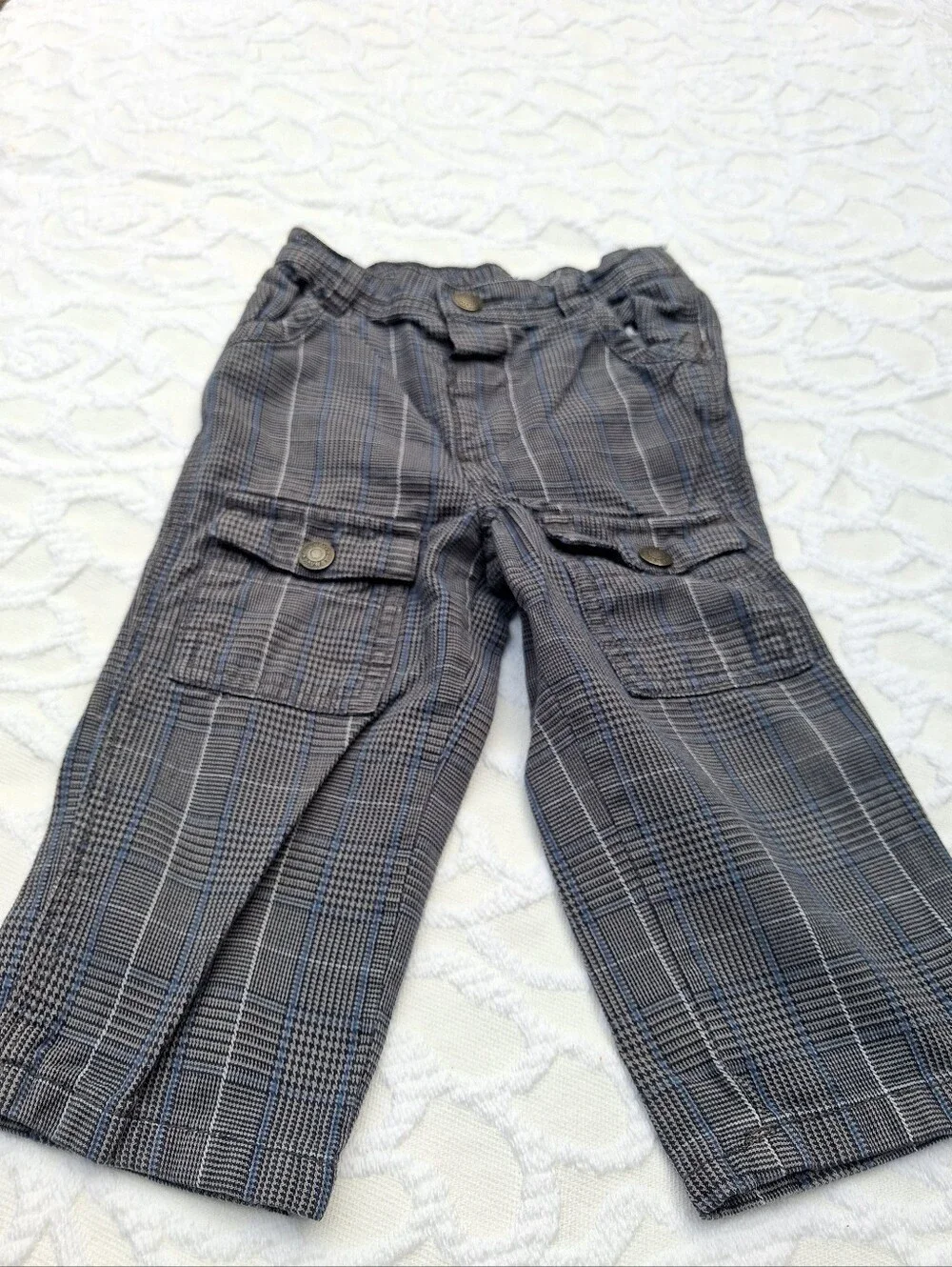 Old Navy Gray Plaid Cargo Pants with Blue Windowpane Size 18-24m